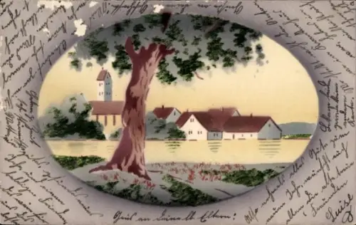 Künstler Ak Ortspartie, Häuser am Wasser