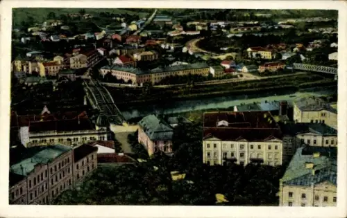 Ak Przemyśl Polen, Luftaufnahme von  Fluss, Häuser, Brücke, Landschaft