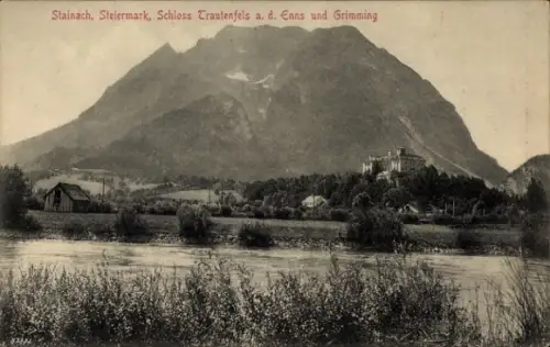 Ak Stainach Pürgg Steiermark, Schloss Trautenfels, Enns, Grimming, Berglandschaft, Fluss