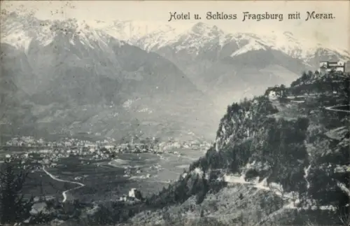 Ak Meran Merano Südtirol, Hotel u. Schloss Fragsburg,  Berge im Hintergrund