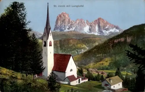 Ak Zollfeld Kärnten, St. Jacob mit Langkofel, Kirche, Berge, Wald, Landschaft