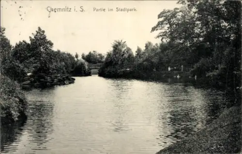 Ak Chemnitz in Sachsen, Chemnitz i. S., Stadtpark, Wasser, Bäume, Brücke