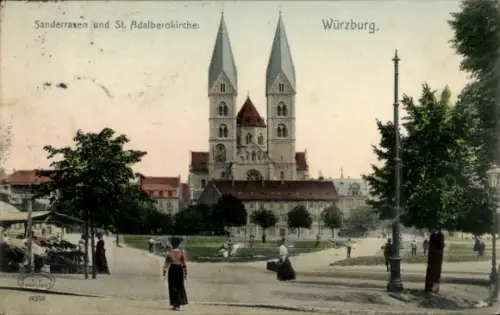 Ak Würzburg am Main Unterfranken, Sanderrasen, St. Adalberokirche