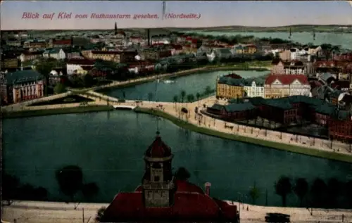 Ak Kiel, Blick auf  Rathausturm, Nordseite, Wasser, Gebäude, Brücke