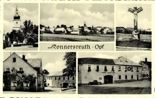 Ak Konnersreuth in der Oberpfalz,  Landschaft, Kirche, Totem, Gasthof, Auto