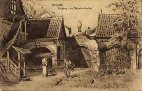 Künstler Ak Wiegk, Coburg, Eingang zum Salvatorfriedhof