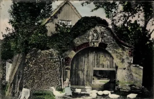 Ak Panschwitz Kuckau Oberlausitz, Kloster St. Marienstern, Alter Bauernhof, Gänse, Kind, Wendenla