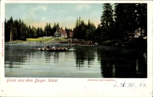 Ak Lindberg Bayerischer Wald Niederbayern, Arbersee mit Seehütte, Boot auf dem Wasser, Waldlandsc
