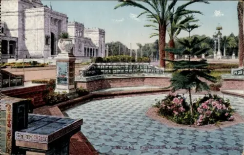 Ak Sevilla Andalusien,  Exposición F Americana, Parklandschaft, Blumenbeet, Palmen
