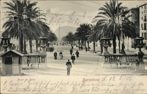 Ak Barcelona Katalonien Spanien, Paseo de Golón,  Menschen, Palmen, Straße, 12.8.08
