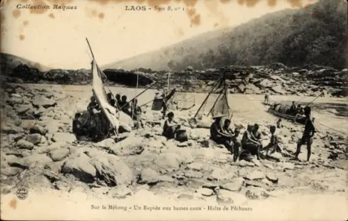 Ak Luang Prabang Laos, Schiff auf dem Mekong, Fischer, Felsen, Segelboote