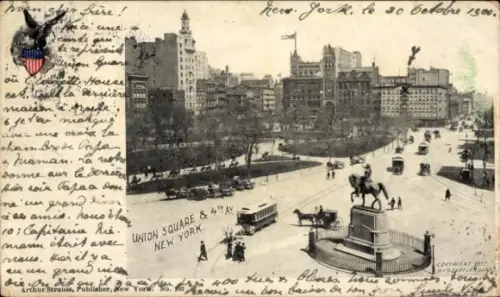 Ak Manhattan New York City USA, Union Square,  Statue, Pferde, Straßenverkehr, 1900