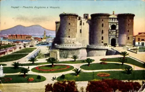 Ak Napoli Neapel Campania, Maschio Angioino, Vesuvio, Palmen, Blumenbeete, Napoli