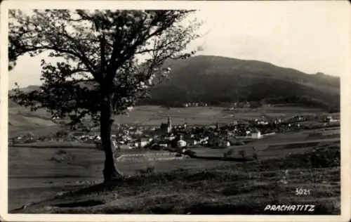 Ak Prachatice Prachatitz Südböhmen, Landschaft mit Baum, Dorfansicht, Berg im Hintergrund, Text P