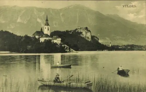 Ak Bled Veldes Slowenien,  Berglandschaft, Kirche, Boote, ruhiger See
