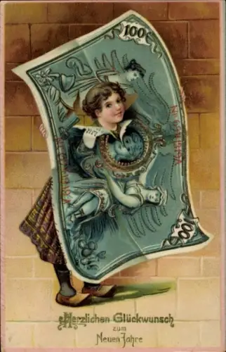 Präge Ak Glückwunsch Neujahr, Geldschein, Mädchen