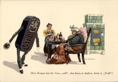 Künstler Ak Blümel, Reklame, Brikett Troll, Herr Krause hat die Nase voll, Kachelofen, Kohlebrikett