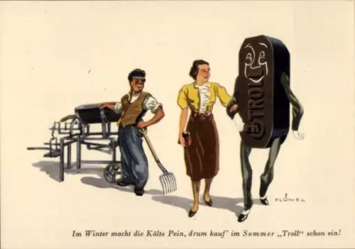 Künstler Ak Blümel, Reklame, Troll Brikett, Im Winter macht die Kälte Pein