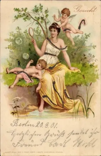 Glitzer Litho Gesicht, Frau mit zwei Engeln, Seifenblasen