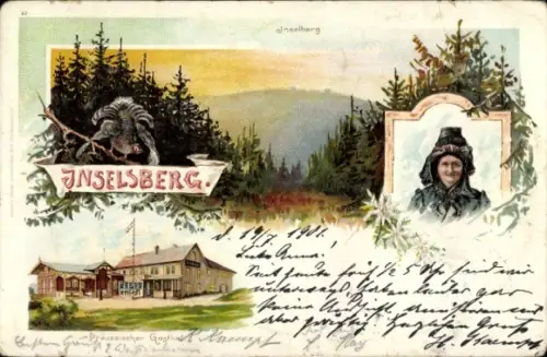 Litho Brotterode in Thüringen, Inselsberg, Frau in Tracht, Preußischer Gasthof, Auerhuhn