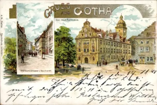 Litho Gotha Thüringen, neues Rathaus, Marktstraße und Neumarkt