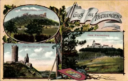 Ak Holzhausen in Thüringen, Veste Wachsenburg, Wanderslebener Gleiche, Mühlberger Gleiche