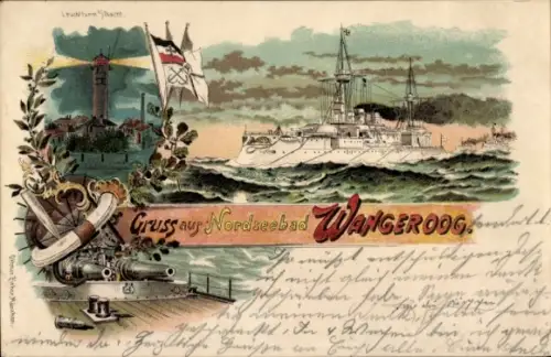 Litho Nordseebad Wangerooge in Ostfriesland, Leuchtturm, Kriegsschiff