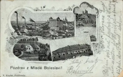 Ak Mladá Boleslav Jungbunzlau Mittelböhmen, Stadtansicht, Fabriken, Burgruine,  aus Mladá Bolesla