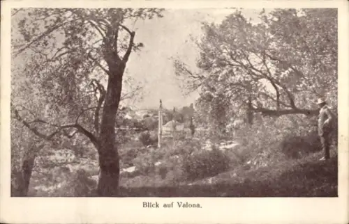 Ak Vlorë Vlora Valona Albanien, Blick auf  Landschaft mit Bäumen, Mensch im Vordergrund