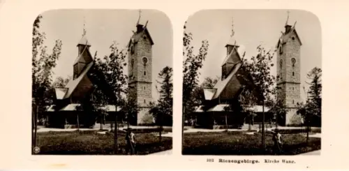 Stereo Foto Karpacz Górny Brückenberg Krummhübel Riesengebirge Schlesien, Kirche Wang