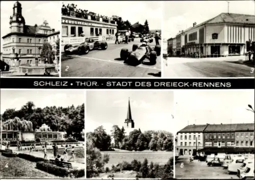 Ak Schleiz im Vogtland Thüringen, Dreieck Rennen, Rennwagen, Freibad, Bergkirche, Neumarkt