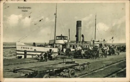 Ak Nordseebad Norderney Ostfriesland,  Hafen, Dampfschiff FRISIA III, Personen am Ufer