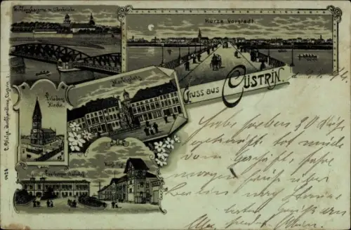 Mondschein Litho Kostrzyn nad Odrą Cüstrin Ostbrandenburg, Friedenskirche, Schlosskaserne