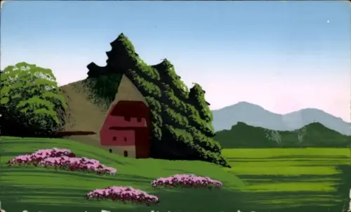 Handgemalt Ak Haus, Wiese, Blumen