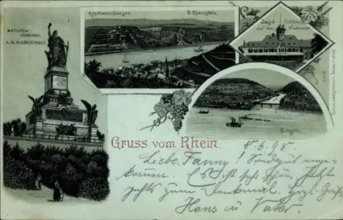 Mondschein Litho Rüdesheim am Rhein, Niederwald Nationaldenkmal, Assmannshausen, Bingen, Rheinstein