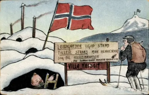 Ak Norwegen, Schneehöhlen zu vermieten, Skifahrer