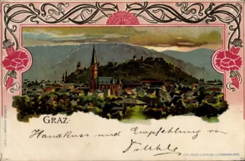 Ak Graz Steiermark, Blick auf  Stadtansicht mit Kirch塔n und Häusern, dekorative Ornamente