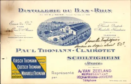 Ak Schiltigheim Strasbourg Straßburg Elsass, Distillerie du Bas Rhin, Paul Thomann Clairotet