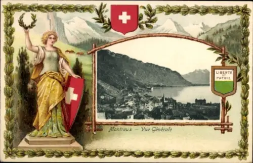 Präge Wappen Passepartout Ak Montreux Kanton Waadt Schweiz, Blick auf den Ort