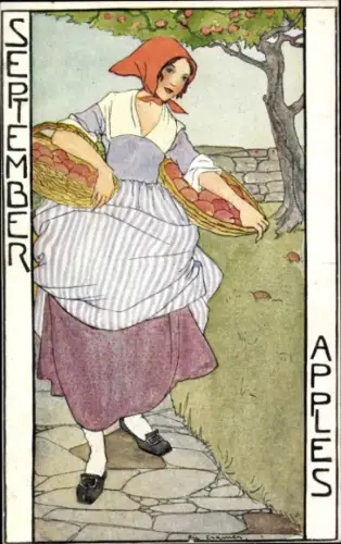 Künstler Ak Cramer, Rie, September, Allegorie, Bäuerin, Äpfel