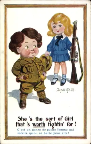 Künstler Ak McGill, D., Junge in Uniform, Mädchen mit Gewehr