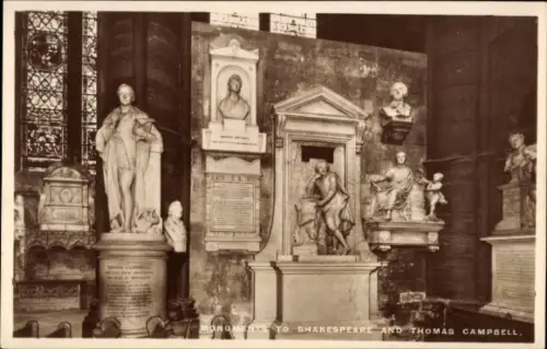 Ak City of Westminster London England, Monumente für Shakespeare, Thomas Campbell, Westminster Ab