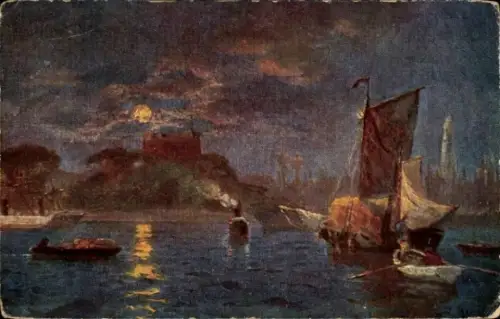 Künstler Ak Hafenpartie bei Nacht, Boote