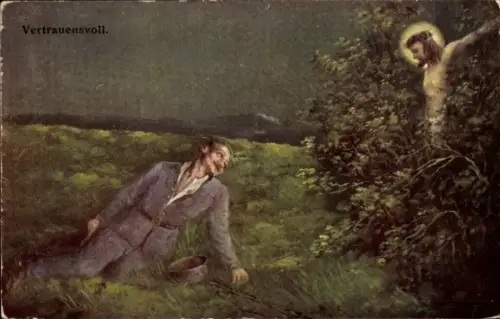 Künstler Ak Vertrauensvoll, verwundeter Soldat, Jesus