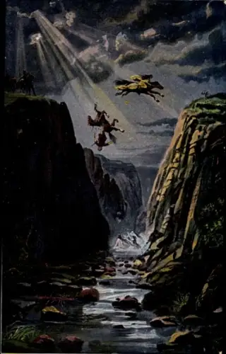 Künstler Ak Die Sage von der Rosstrappe, Pferdesprung, Absturz