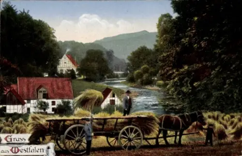 Ak Gruß aus Westfalen, Bauern, Fuhrwerk
