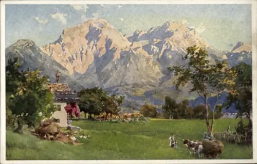 Künstler Ak Compton, Edward Theodore, Boschberg gegen Göll gesehen, Bauernhaus, Rinderfuhrwerk