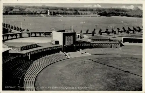 Ak Wrocław Breslau Schlesien,  Hermarg-Stadion, Schlesierkampfbahn, Friesenwiese