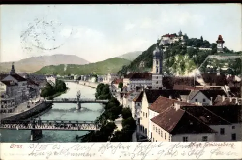 Ak Graz Steiermark,  Schlossberg, Fluss, Brücke, Häuser, Berge