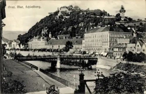 Ak Graz Steiermark,  Mur, Schloßberg, Fluss, Gebäude, Hügel